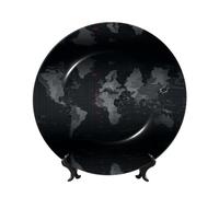 PHAYAH Black World Map Printing Bone China Decorative Plate Ceramic Dinner Plates Crafts with Vertical Stand for Home Office Decor 6in