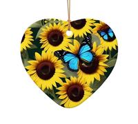 Phayah Blue Butterfly On Sunflower Pattern Hristmas Ceramic Heart Shape Pendant Christmas Tree Ornaments Homefor Gatherings Decoration