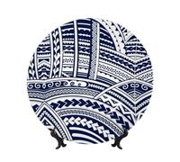 PHAYAH Blue Polynesian Maori Tribal Pattern Printing Bone China Decorative Plate Ceramic Dinner Plates Crafts with Vertical Stand for Home Office Decor 8in