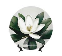 PHAYAH Bone China Decorative Plate with Stand A Magnolia Plant Printing for Office Kitchen Table Wall Hanging Decor 7in