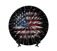 PHAYAH Bone China Decorative Plate with Stand American Flag Firework Printing for Office Kitchen Table Wall Hanging Decor 10in