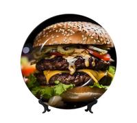 PHAYAH Bone China Decorative Plate With Stand Beef Burger Pattern For Office Kitchen Table Wall Hanging Decor 6in