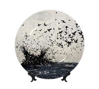 PHAYAH Bone China Decorative Plate with Stand Black Water On The Lake Pattern for Office Kitchen Table Wall Hanging Decor 6in