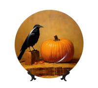 PHAYAH Bone China Decorative Plate with Stand Blackbird Pumpkin Printing for Office Kitchen Table Wall Hanging Decor 10in