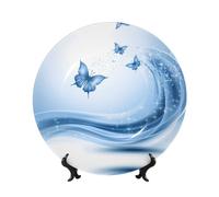 PHAYAH Bone China Decorative Plate with Stand Blue Butterfly Pattern for Office Kitchen Table Wall Hanging Decor 8in