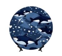 PHAYAH Bone China Decorative Plate With Stand Blue Killer Whale Pattern For Office Kitchen Table Wall Hanging Decor 8in