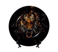 PHAYAH Bone China Decorative Plate with Stand Ferocious Tiger Printing for Office Kitchen Table Wall Hanging Decor 6in