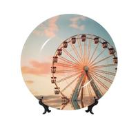 PHAYAH Bone China Decorative Plate With Stand Ferris Wheel Beautiful Sky Pattern For Office Kitchen Table Wall Hanging Decor 6in