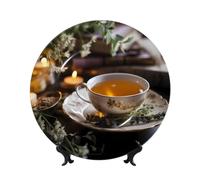 PHAYAH Bone China Decorative Plate With Stand Fine Tea Bowl Pattern For Office Kitchen Table Wall Hanging Decor 8in