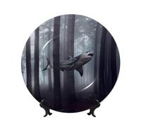 PHAYAH Bone China Decorative Plate with Stand Funny Fish Design Pattern for Office Kitchen Table Wall Hanging Decor 8in