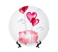 PHAYAH Bone China Decorative Plate with Stand Funny Piggy Pattern for Office Kitchen Table Wall Hanging Decor 8in