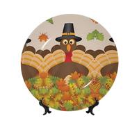 PHAYAH Bone China Decorative Plate with Stand Happy Thanksgiving Decor Turkey with Maple Leaves Pattern for Office Kitchen Table Wall Hanging Decor 6in