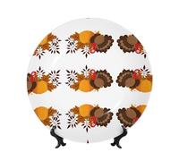 PHAYAH Bone China Decorative Plate with Stand Happy Thanksgiving Turkey Pumpkin Pattern for Office Kitchen Table Wall Hanging Decor 8in