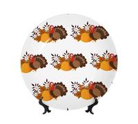 PHAYAH Bone China Decorative Plate with Stand Happy Thanksgiving Turkey Pumpkin Printing for Office Kitchen Table Wall Hanging Decor 10in