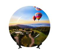 PHAYAH Bone China Decorative Plate with Stand Hot Air Balloon Printing for Office Kitchen Table Wall Hanging Decor 7in