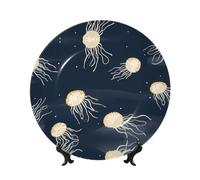 PHAYAH Bone China Decorative Plate With Stand Jellyfish In The Stars Pattern For Office Kitchen Table Wall Hanging Decor 6in
