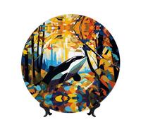 PHAYAH Bone China Decorative Plate With Stand Killer Whale In The Woods Pattern For Office Kitchen Table Wall Hanging Decor 10in