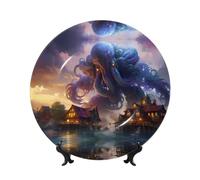 PHAYAH Bone China Decorative Plate With Stand King Octopus Coming Ashore Pattern For Office Kitchen Table Wall Hanging Decor 8in