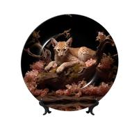 PHAYAH Bone China Decorative Plate With Stand Leopard Cat In A Dead Tree Pattern For Office Kitchen Table Wall Hanging Decor 8in