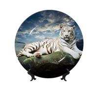 PHAYAH Bone China Decorative Plate with Stand Majestic Tiger Resting On A Rock with Cloudy Sky Printing for Office Kitchen Table Wall Hanging Decor 10in