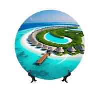 PHAYAH Bone China Decorative Plate with Stand Maldives Scenery Pattern for Office Kitchen Table Wall Hanging Decor 6in