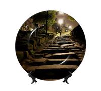 PHAYAH Bone China Decorative Plate With Stand Midnight Dim Path Pattern For Office Kitchen Table Wall Hanging Decor 7in