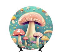 PHAYAH Bone China Decorative Plate With Stand Pretty Little Mushrooms Pattern For Office Kitchen Table Wall Hanging Decor 7in