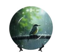 PHAYAH Bone China Decorative Plate With Stand Rain Drenched Bird Pattern For Office Kitchen Table Wall Hanging Decor 7in