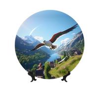 PHAYAH Bone China Decorative Plate With Stand Red Winged Seagull Pattern For Office Kitchen Table Wall Hanging Decor 7in