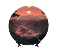 PHAYAH Bone China Decorative Plate with Stand Sunrise in The Valley Pattern for Office Kitchen Table Wall Hanging Decor 7in