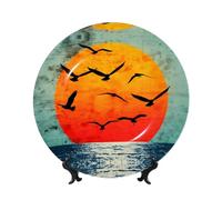 PHAYAH Bone China Decorative Plate with Stand Sunrise On The Sea Pattern for Office Kitchen Table Wall Hanging Decor 7in