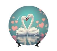 PHAYAH Bone China Decorative Plate With Stand The Swan In Love Pattern For Office Kitchen Table Wall Hanging Decor 8in