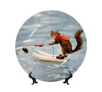 PHAYAH Bone China Decorative Plate with Stand Water Skiing Fox Squirrel Printing for Office Kitchen Table Wall Hanging Decor 10in
