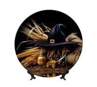 PHAYAH Bone China Decorative Plate With Stand Witch Hat Corn Pattern For Office Kitchen Table Wall Hanging Decor 7in
