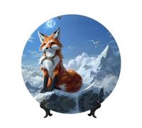PHAYAH Bone China Decorative Plate with Stand Yellow Fox On The Mountain Pattern for Office Kitchen Table Wall Hanging Decor 7in
