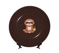 PHAYAH Bone China Decorative Plate with Stand Yoga Sloth Coffee Printing for Office Kitchen Table Wall Hanging Decor 6in