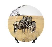 PHAYAH Bone China Decorative Plate with Stand Zebras On South Africa Printing for Office Kitchen Table Wall Hanging Decor 6in
