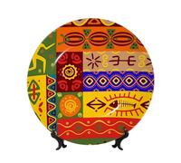 PHAYAH Bone China Decorative Plates with Stand African National Patterns Pattern Round Display Plate for Kitchen Dining Room Wine Cabinet Home Decor 8in