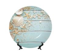PHAYAH Bone China Decorative Plates with Stand Beach Shell Sea Collection Vintage Boho Pattern Round Display Plate for Kitchen Dining Room Wine Cabinet Home Decor 6in