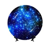 PHAYAH Bone China Decorative Plates with Stand Blue Shining Stars Pattern Round Display Plate for Kitchen Dining Room Wine Cabinet Home Decor 6in