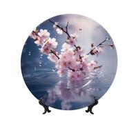 PHAYAH Bone China Decorative Plates with Stand Cherry Blossoms in The Water Pattern Round Display Plate for Kitchen Dining Room Wine Cabinet Home Decor 7in