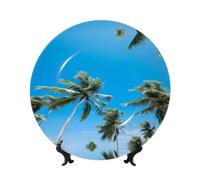PHAYAH Bone China Decorative Plates with Stand Coconut Grove By The Sea Pattern Round Display Plate for Kitchen Dining Room Wine Cabinet Home Decor 8in