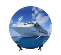 PHAYAH Bone China Decorative Plates with Stand Cruise Ships Pattern Round Display Plate for Kitchen Dining Room Wine Cabinet Home Decor 10in