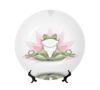 PHAYAH Bone China Decorative Plates with Stand Cute Funny Frog Doing Yoga Pattern Round Display Plate for Kitchen Dining Room Wine Cabinet Home Decor 6in