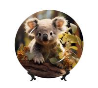 PHAYAH Bone China Decorative Plates with Stand Cute Koala Plant Pattern Round Display Plate for Kitchen Dining Room Wine Cabinet Home Decor 7in