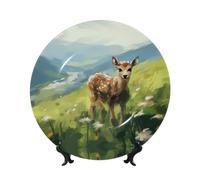 PHAYAH Bone China Decorative Plates with Stand Deer in The Meadow Pattern Round Display Plate for Kitchen Dining Room Wine Cabinet Home Decor 8in