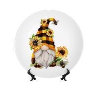 PHAYAH Bone China Decorative Plates with Stand Gnome Bee Yellow Floral Pattern Round Display Plate for Kitchen Dining Room Wine Cabinet Home Decor 6in