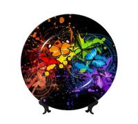 PHAYAH Bone China Decorative Plates with Stand Graffiti Butterfly Pattern Round Display Plate for Kitchen Dining Room Wine Cabinet Home Decor 7in