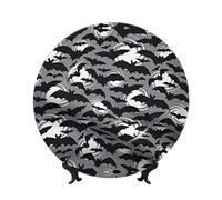 PHAYAH Bone China Decorative Plates with Stand Halloween Bats Grey Pattern Round Display Plate for Kitchen Dining Room Wine Cabinet Home Decor 8in
