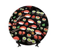 PHAYAH Bone China Decorative Plates with Stand Japanese Sushi Shrimp Pattern Round Display Plate for Kitchen Dining Room Wine Cabinet Home Decor 10in